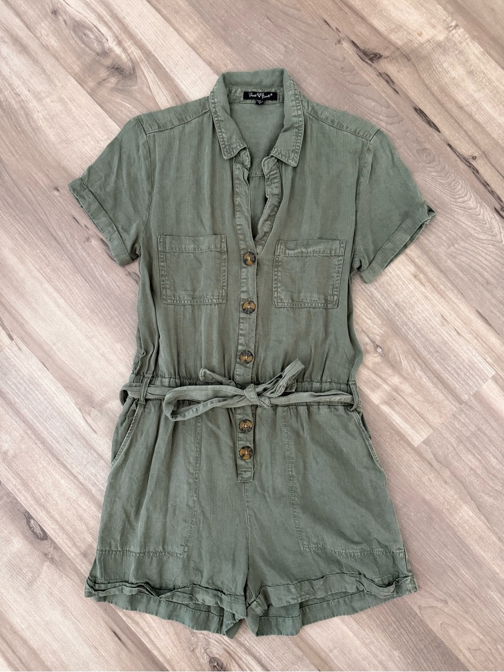 Velvet Heart Olive Short-Sleeve Button Romper with Tie Waist Utility Inspired